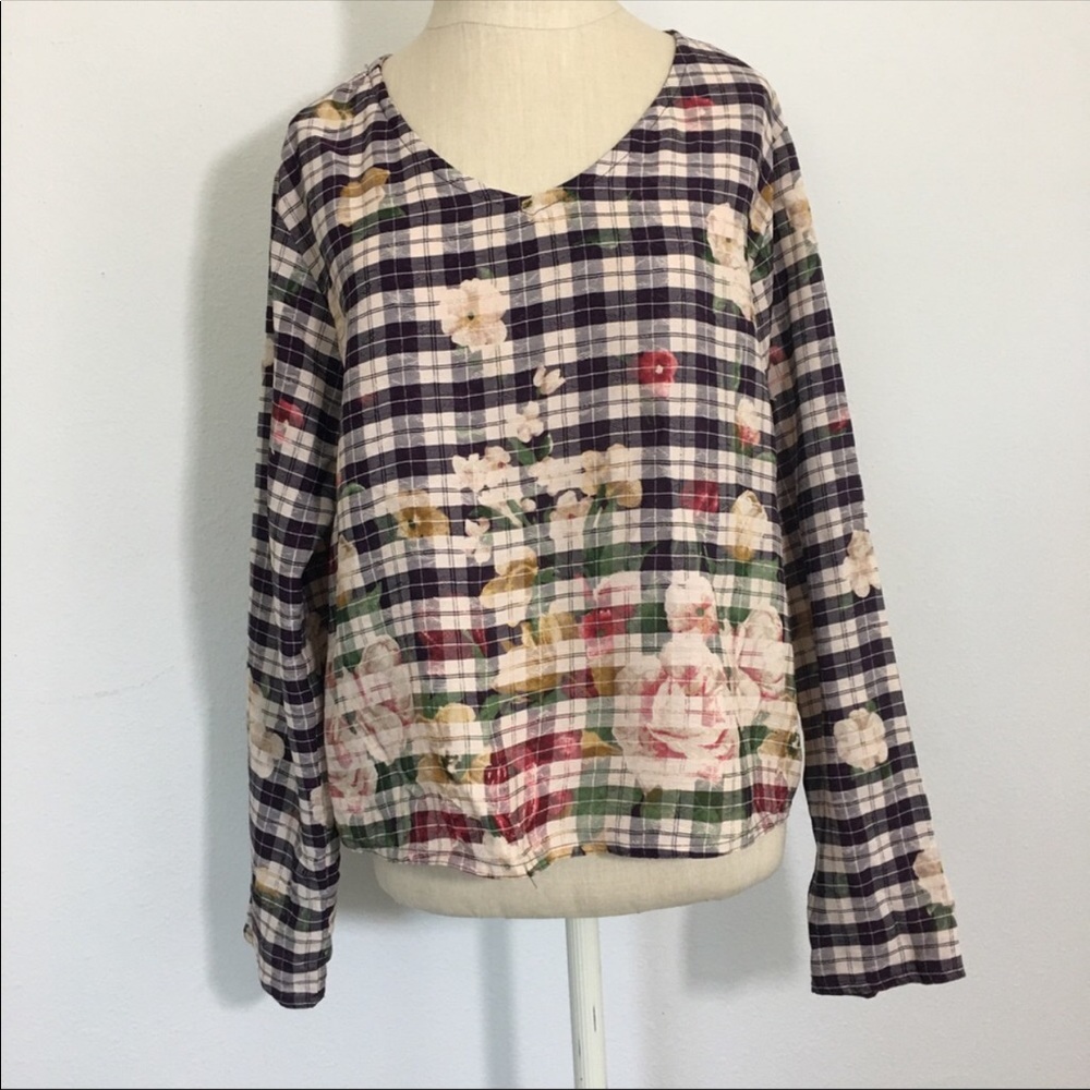 Johnny Was Collection plaid & floral print V-neck